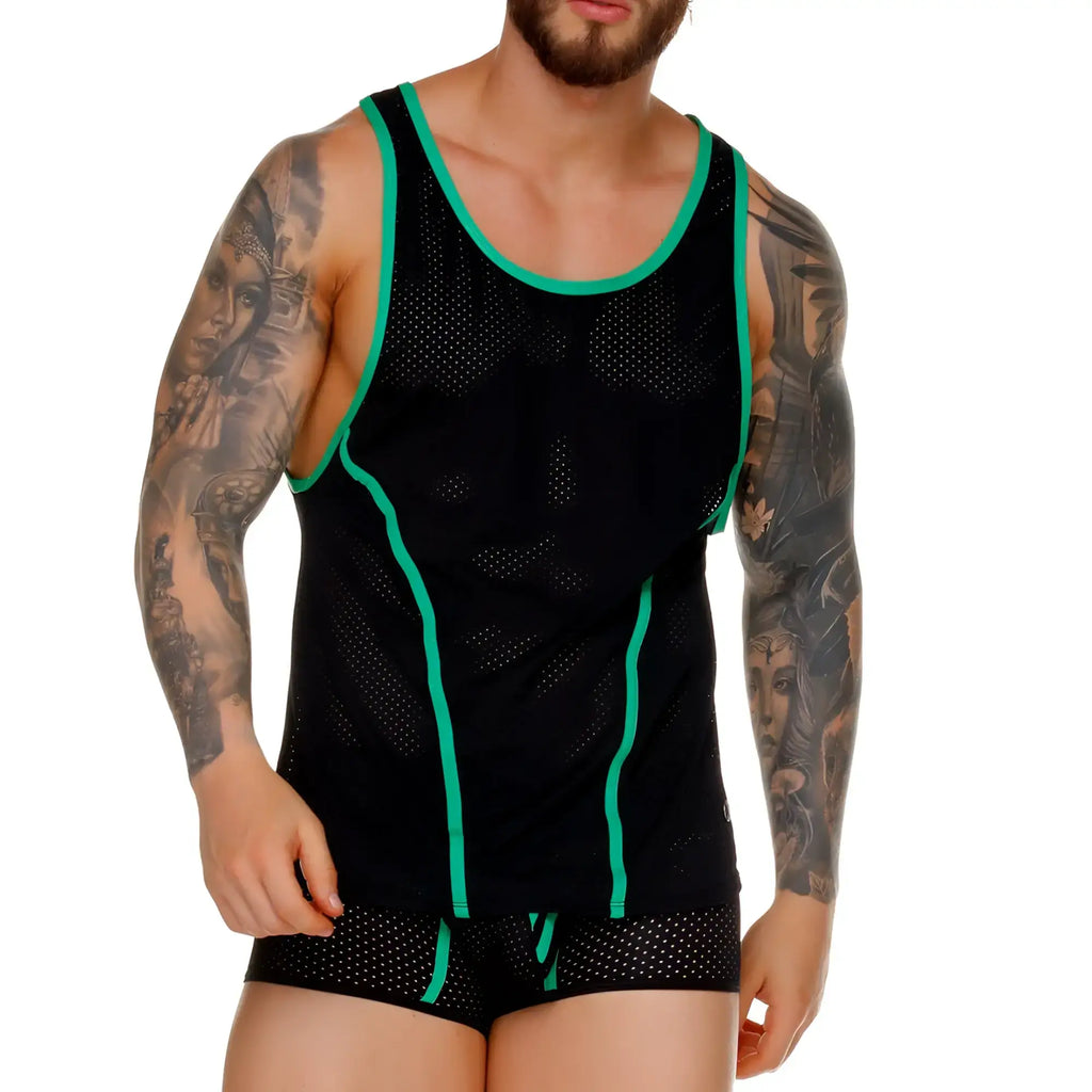 Black mesh Gigo medieval green tank top with vibrant green trim and side panels for athletic use
