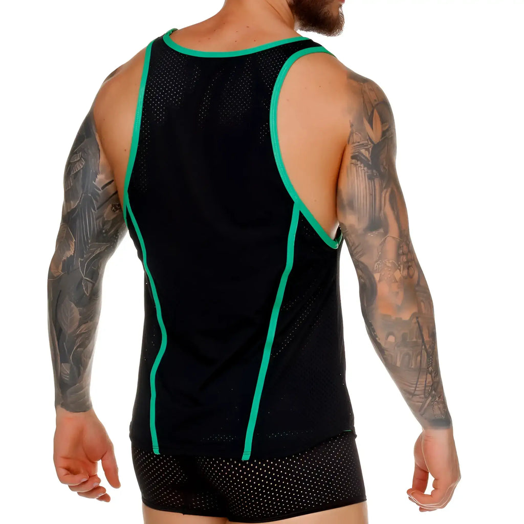 Black mesh tank top with vibrant teal trim along neckline and side seams from Gigo medieval green tank collection