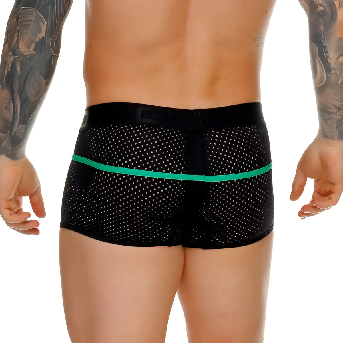 Black mesh briefs with vibrant green waistband and white polka dots from gigo medieval green trunk collection