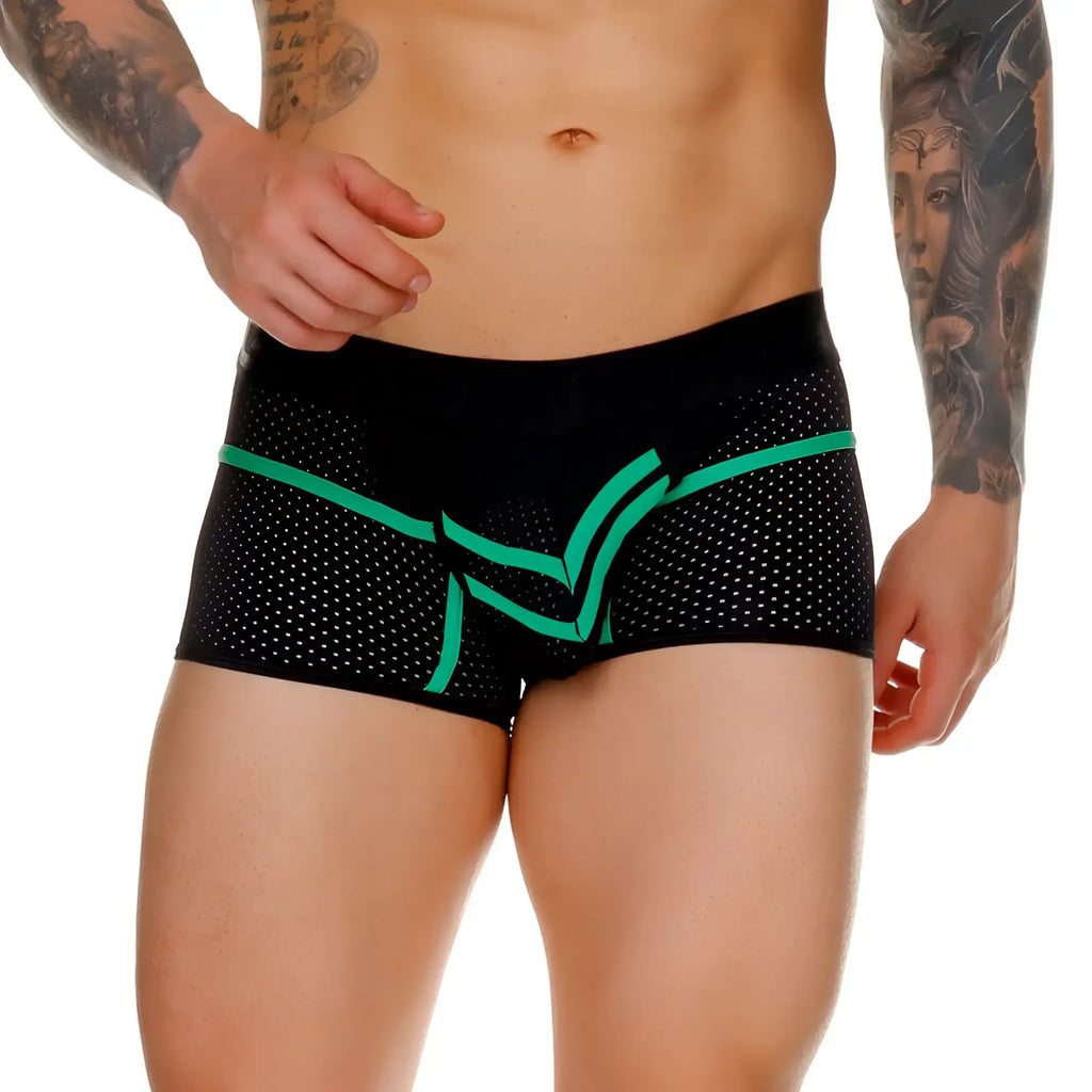 Black mesh briefs with vibrant green geometric trim from gigo medieval green trunk collection front view