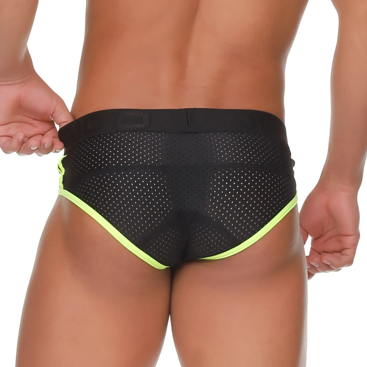 Black mesh gigo medieval yellow brief with neon green trim and black elastic waistband for comfortable wear