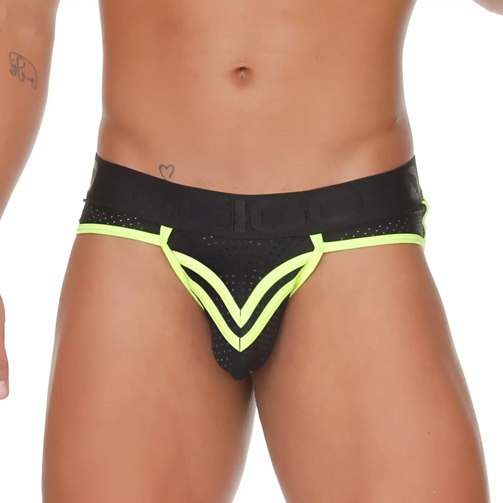 Black mesh athletic briefs with neon yellow trim and v-shaped design from gigo medieval yellow brief jockstrap