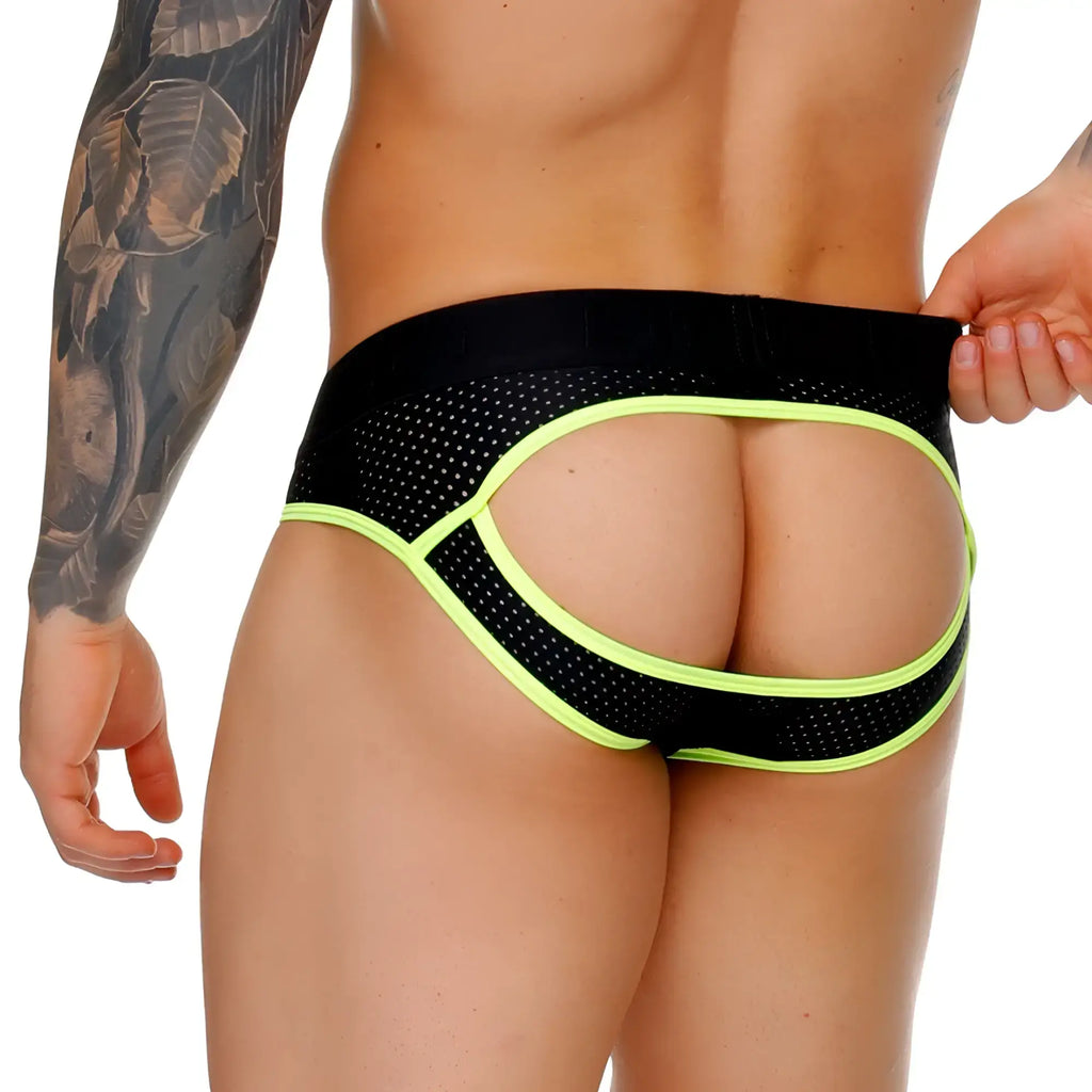 Black and neon green mesh briefs with cutout design from gigo medieval yellow brief jockstrap collection
