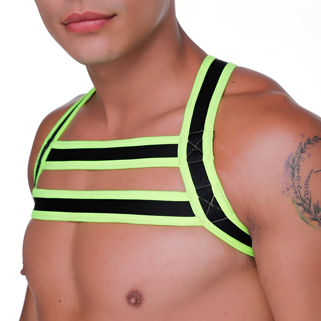 Neon green and black striped strappy top with cut-out design from gigo medieval yellow harness collection