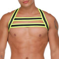 Neon green and black striped halter top with strappy geometric design from gigo medieval yellow harness collection