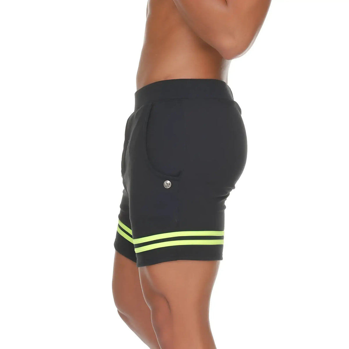 Gigo medieval yellow short black athletic shorts with neon green hem stripes and silver button on side pocket