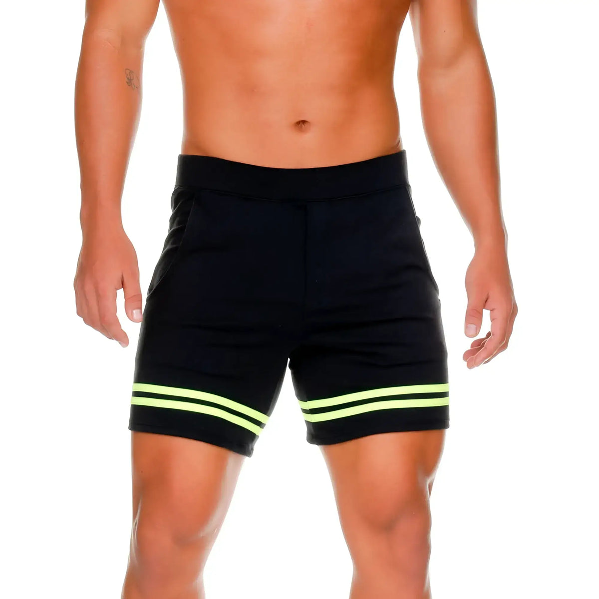 Black gigo medieval yellow short athletic shorts with two neon green horizontal stripes near the hem