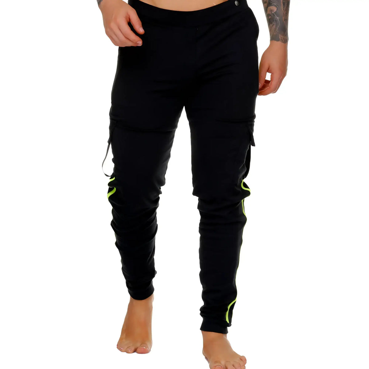 Black gigo medieval yellow sportpants cargo pants with neon green accent stitching on side seams and cuffs