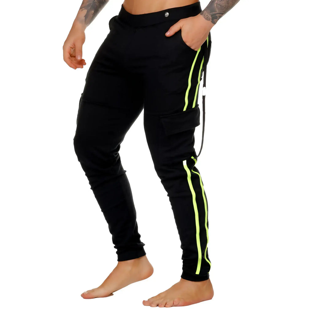 Black cargo joggers with neon green side stripes and drawstring waist from the gigo medieval yellow sportpants collection