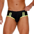 Black gigo medieval yellow swim trunks with neon yellow stripes and trim designed for swimming and beachwear