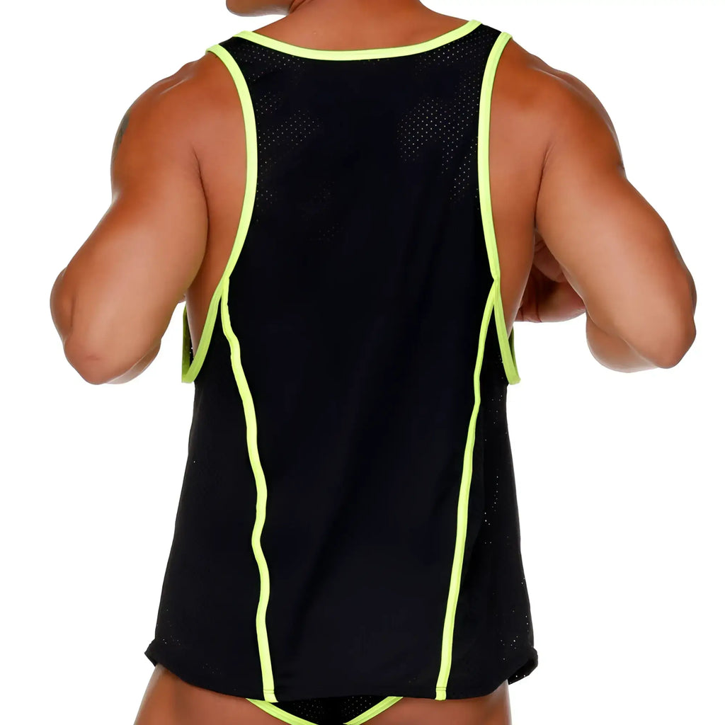 Black mesh tank top with neon yellow trim from gigo medieval yellow tank collection, front view