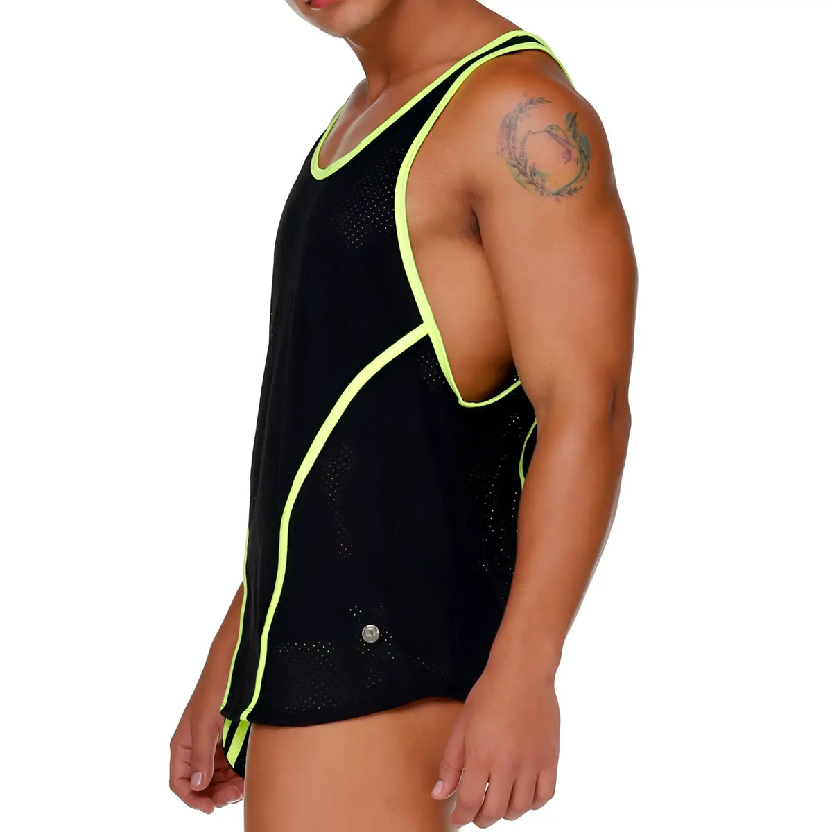 Black gigo medieval yellow tank top with neon yellow trim and mesh panels designed for athletic performance