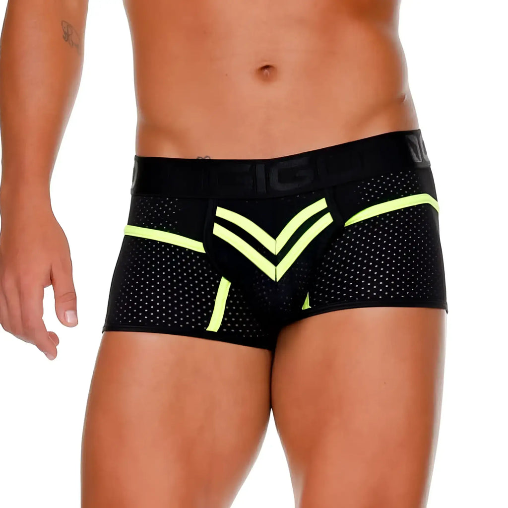 Black athletic briefs gigo medieval yellow trunk with neon yellow chevron accents and perforated mesh design