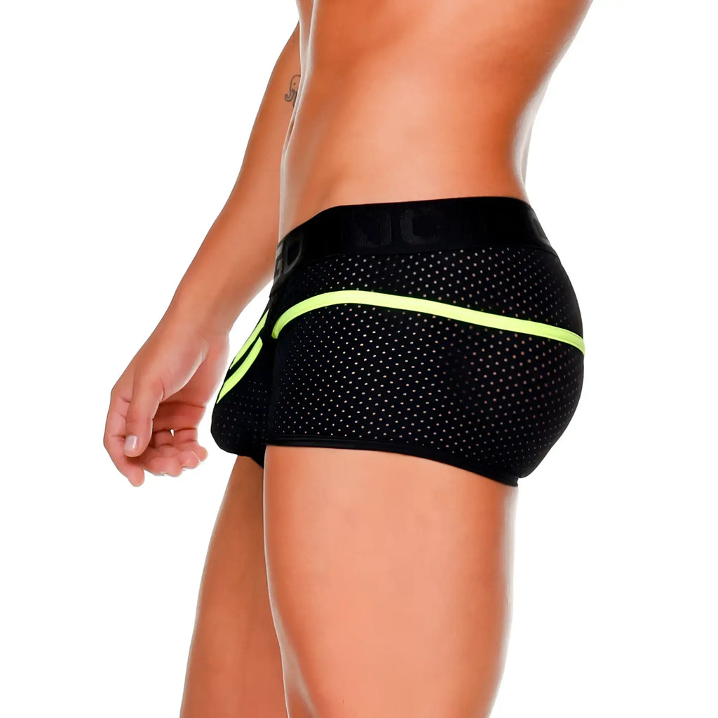 Black mesh briefs with neon green trim and branded waistband from gigo medieval yellow trunk collection