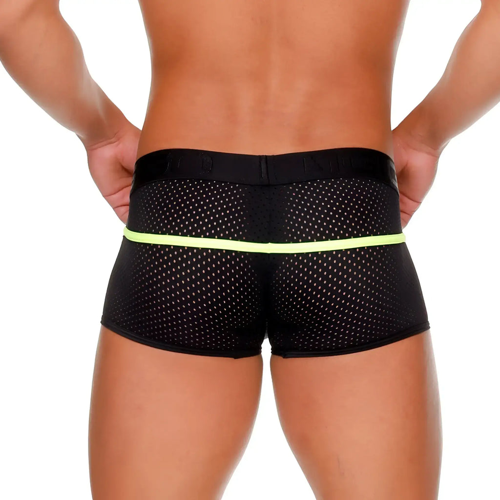Black mesh briefs with neon green waistband from gigo medieval yellow trunk collection showing front side view