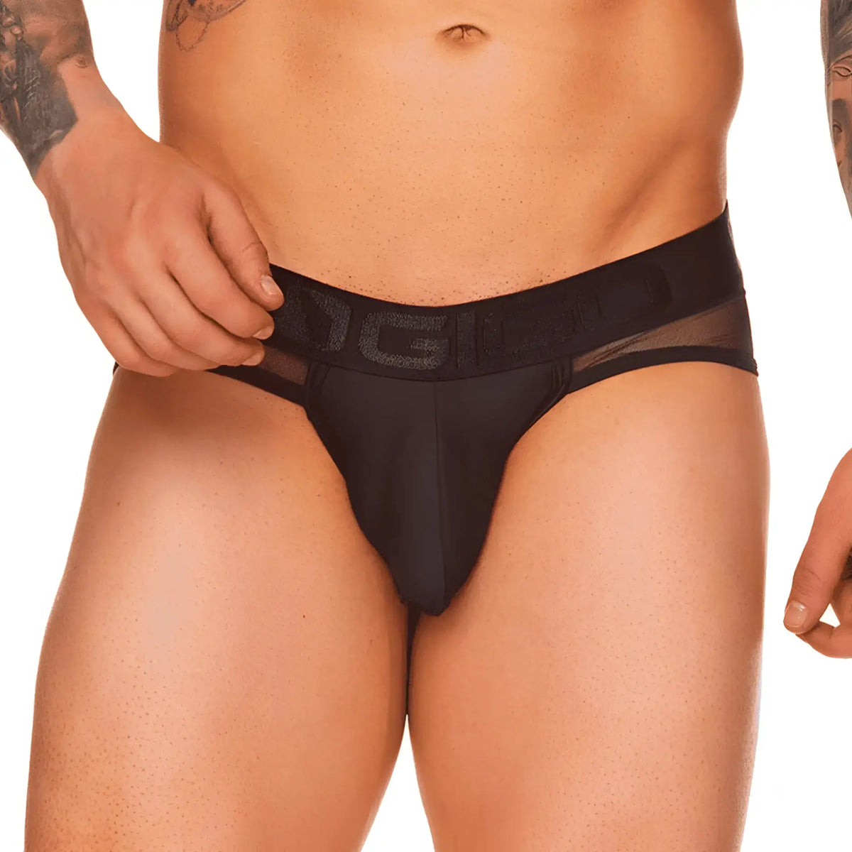 Black menÃ¢â‚¬â„¢s briefs gigo mediterranean brief with sheer mesh waistband and embossed logo in front view