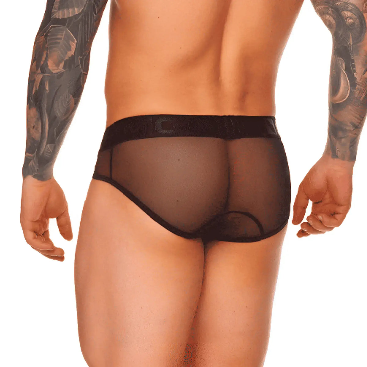 Black sheer mesh Gigo Mediterranean briefs with solid black waistband featuring embossed lettering front view