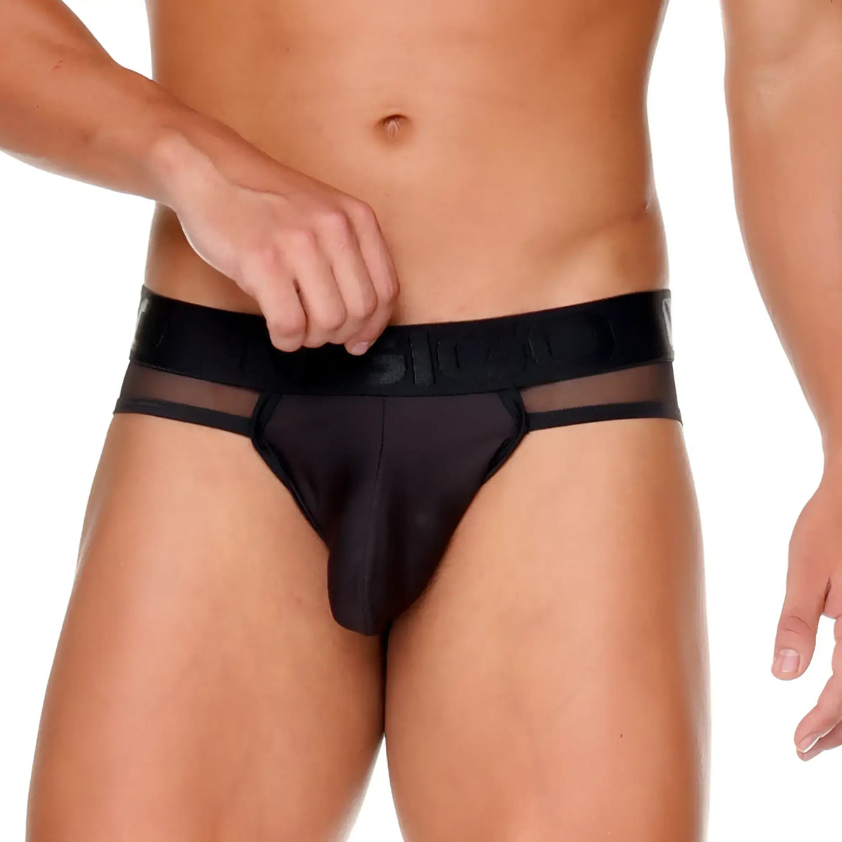 Black mesh gigo mediterranean brief jockstrap with solid waistband and embossed logo showing front side details