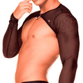 Black mesh long-sleeved bodysuit with silver metal ring and button at shoulder from Gigo Mediterranean Harness collection
