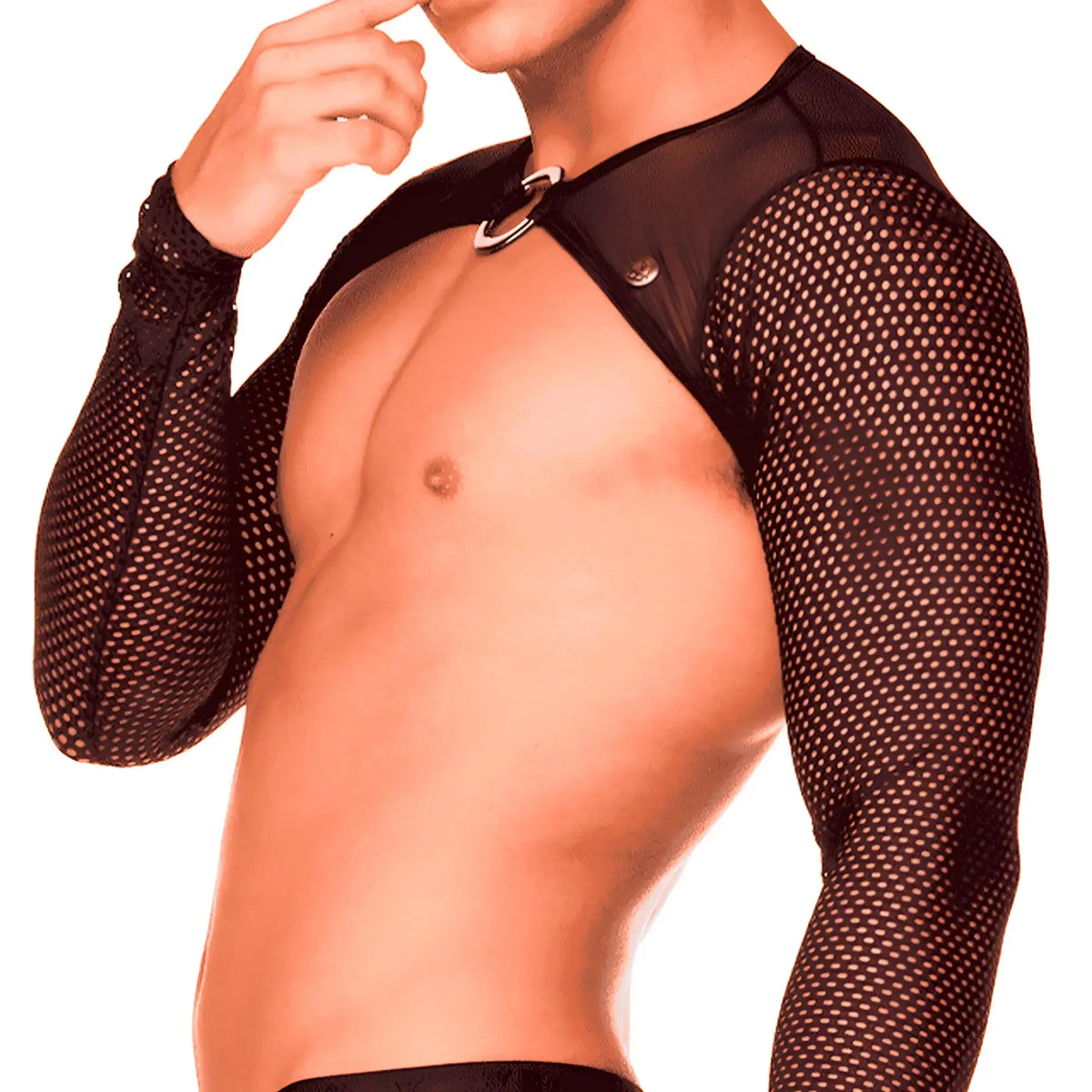 Black mesh long-sleeved bodysuit with silver metal ring and button at shoulder from Gigo Mediterranean Harness collection