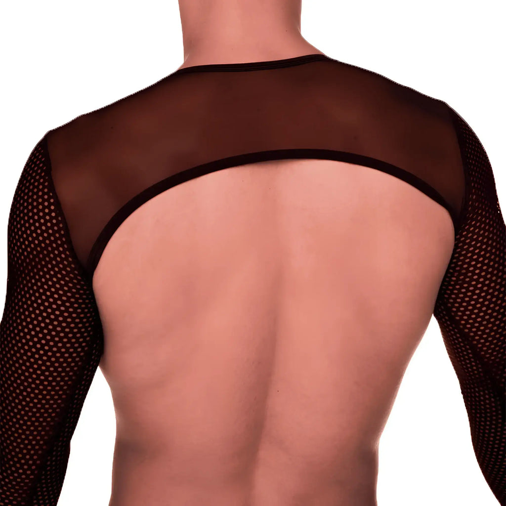 Black mesh long-sleeved top with sheer dotted texture and black neckline trim from Gigo Mediterranean Harness collection