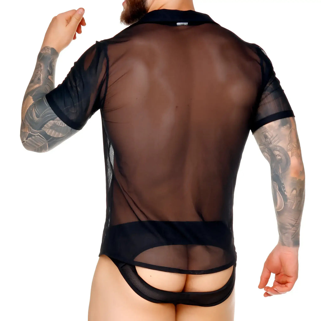 Gigo Mediterranean shirt black sheer mesh short sleeves collared lightweight top front view