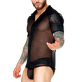 Gigo mediterranean shirt black sheer mesh with opaque solid black short sleeves and collar
