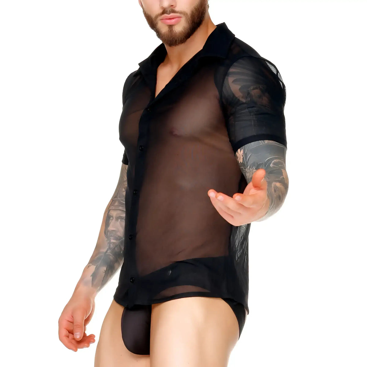 Gigo mediterranean shirt black sheer mesh with opaque solid black short sleeves and collar