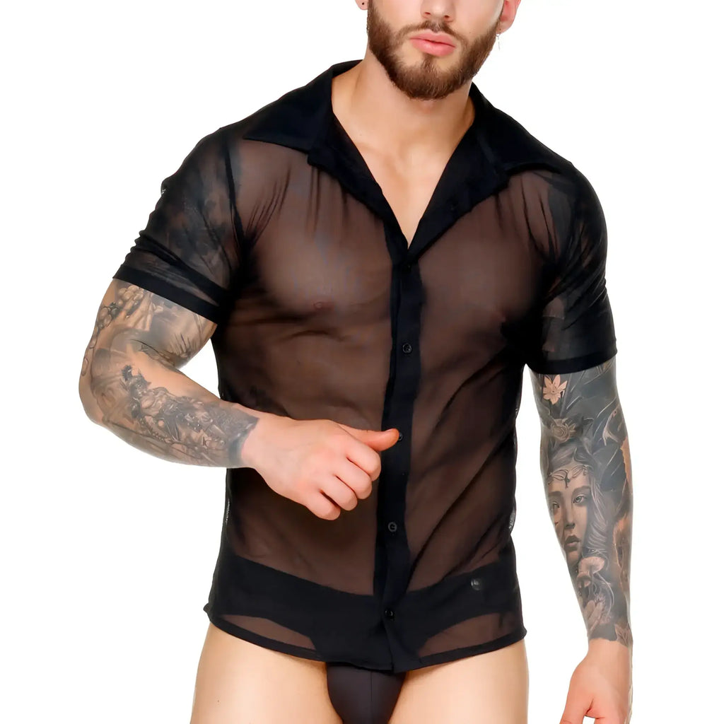 Black sheer mesh Gigo Mediterranean shirt with solid black collar cuffs and button placket for stylish layering