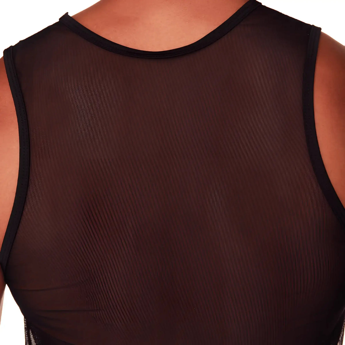 Black mesh sleeveless gigo mediterranean tank with solid black trim around neckline and armholes