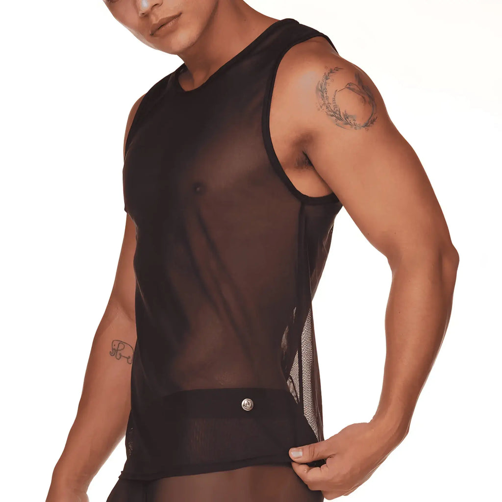 Black sheer mesh gigo mediterranean tank top with round neckline and side seam detailing