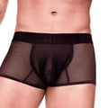 Black mesh briefs with solid black waistband and raised gio logo from gigo mediterranean trunk collection