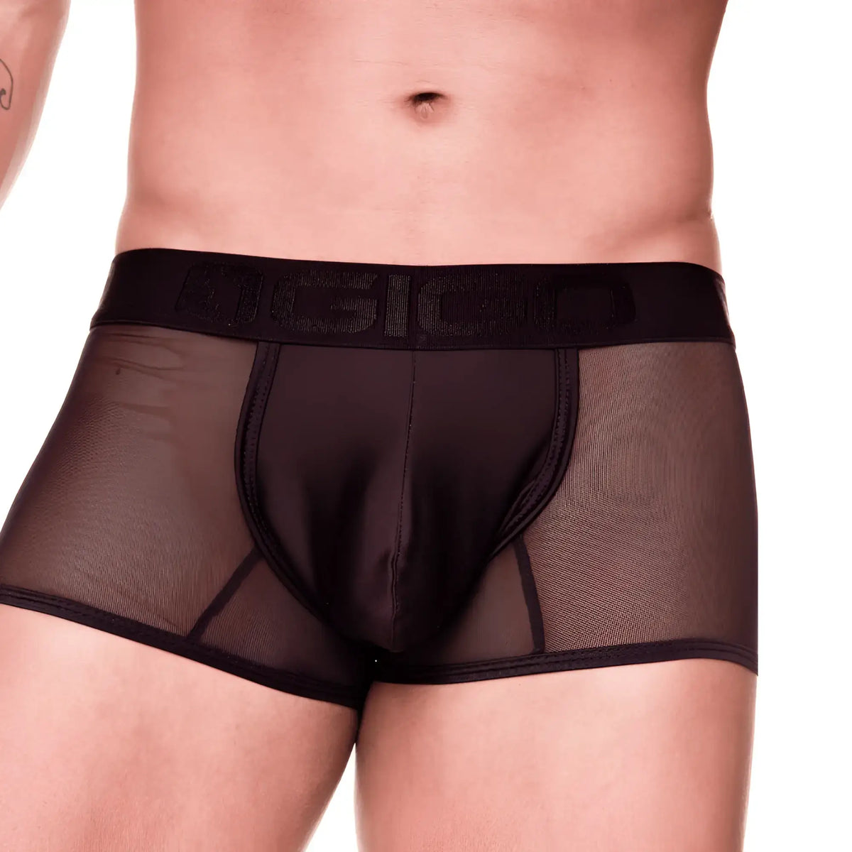 Black mesh briefs with solid black waistband and raised gio logo from gigo mediterranean trunk collection