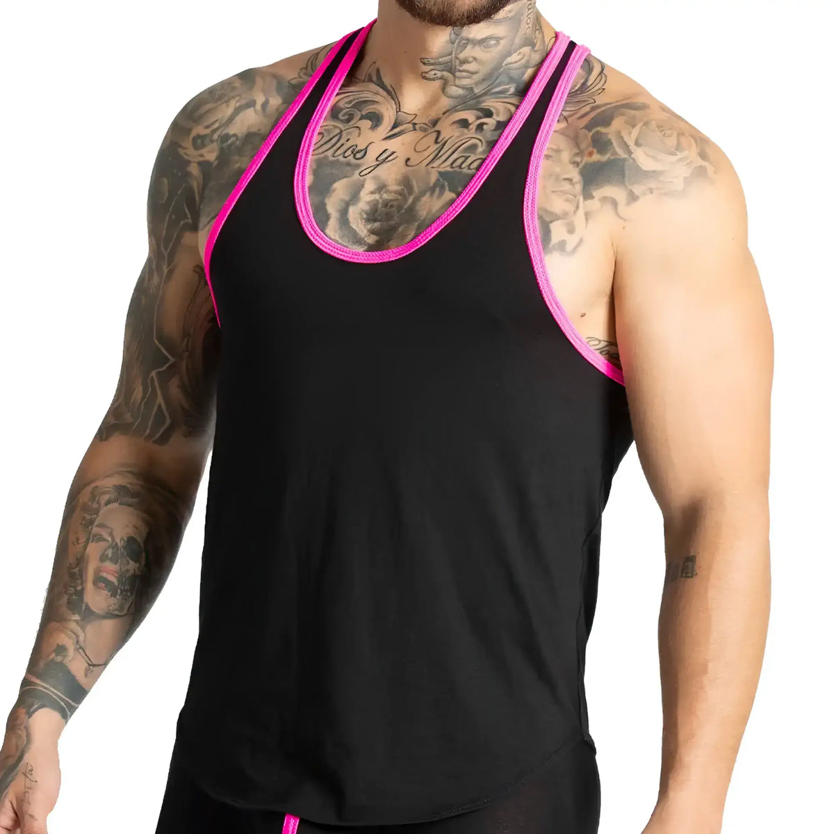 Black gigo misty fucshia tank top with vibrant pink trim along neckline and armholes for casual wear
