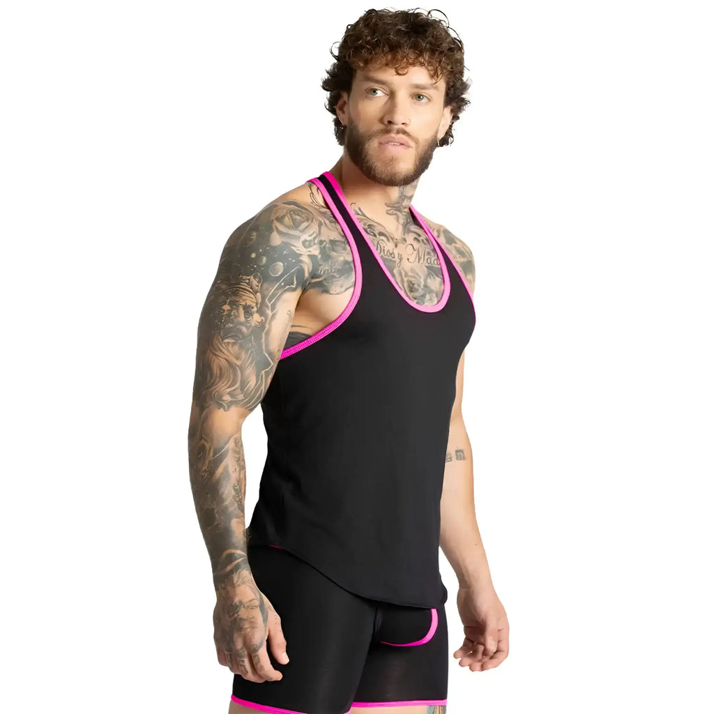 Black athletic tank top by gigo with vibrant fuchsia trim along neckline and armholes for activewear use