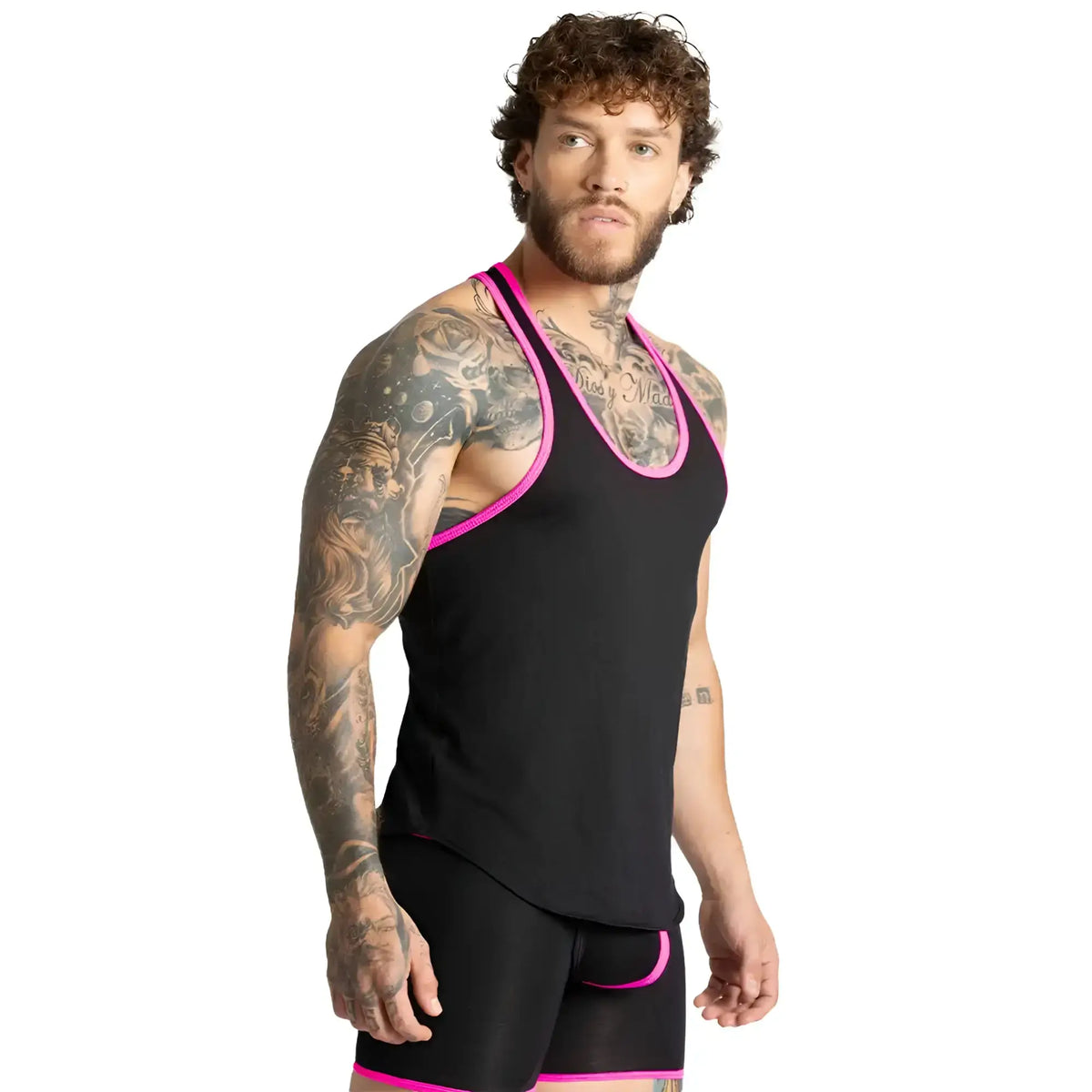 Black athletic tank top by gigo with vibrant fuchsia trim along neckline and armholes for activewear use