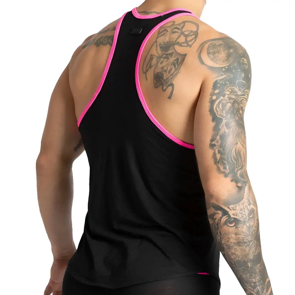 Black athletic tank top with vibrant fuchsia pink trim along neckline and armholes for active wear by Gigo Misty