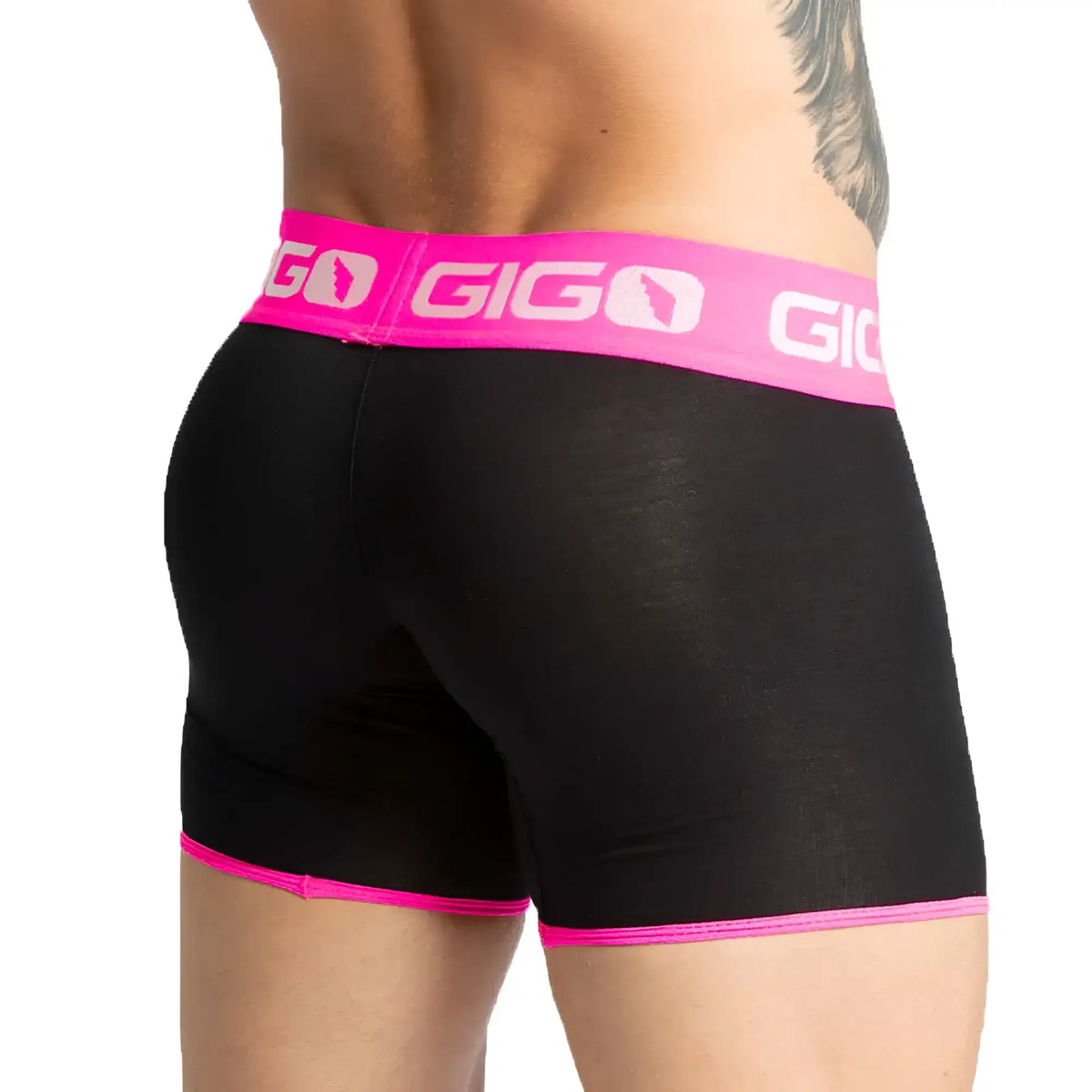 Black gigo boxer briefs with bright fuchsia waistband and leg trim for comfortable everyday wear