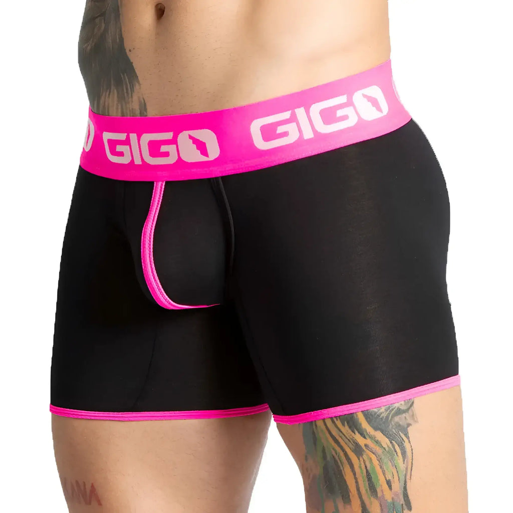 Black gigo boxer briefs with vibrant fuchsia waistband and trim designed for comfortable everyday wear