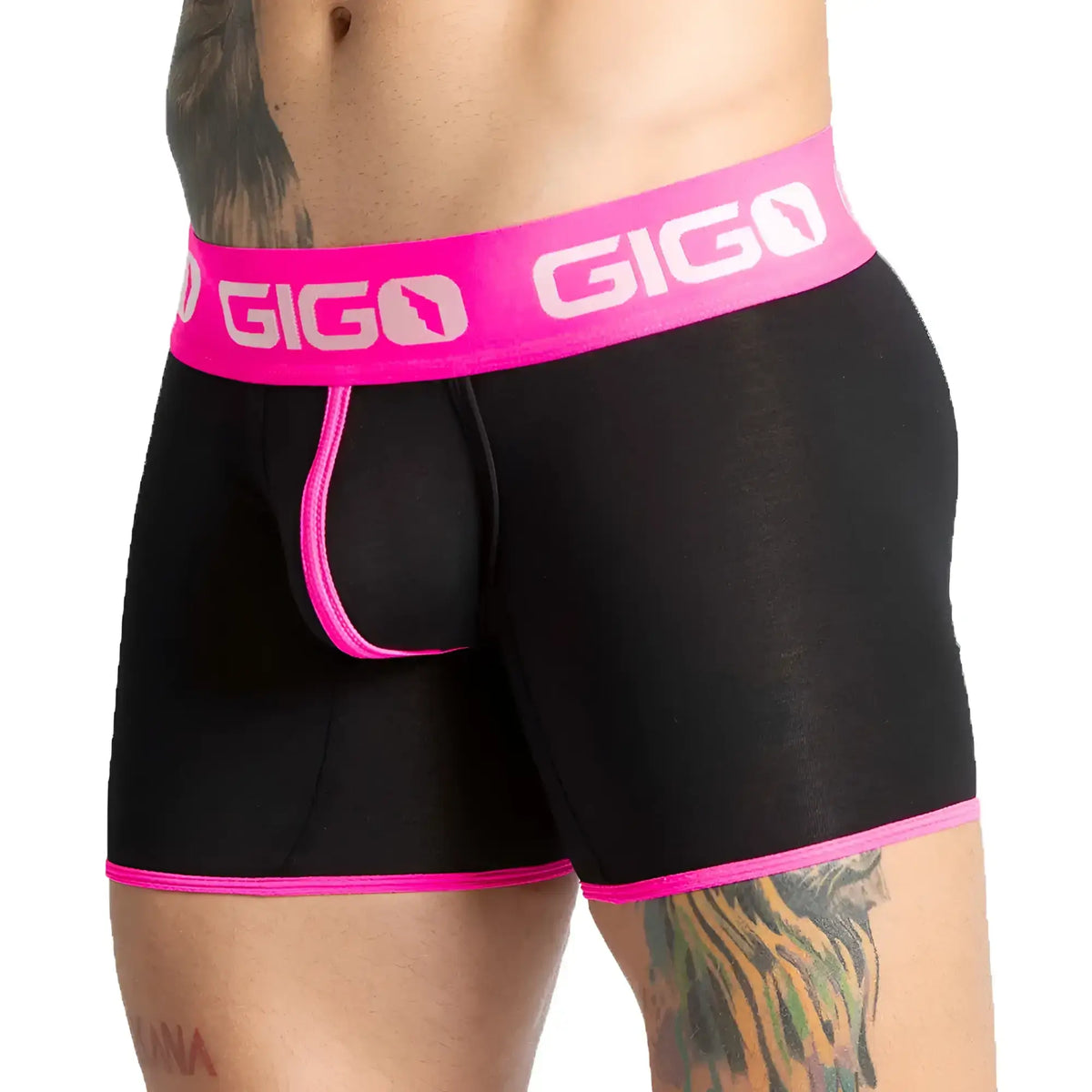 Black gigo boxer briefs with vibrant fuchsia waistband and trim designed for comfortable everyday wear