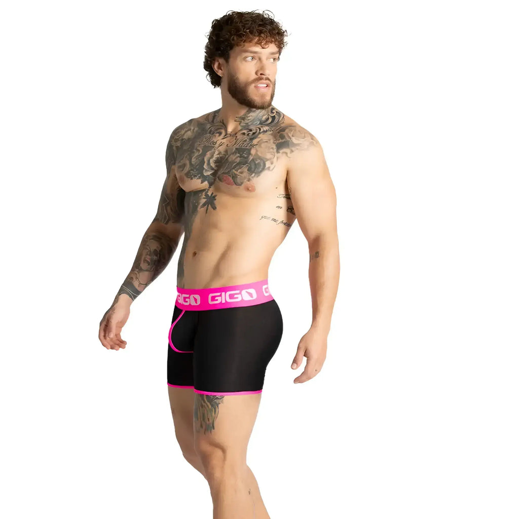 Black gigo menÃ¢â‚¬â„¢s boxer briefs with vibrant fuchsia pink trim and waistband for comfortable everyday wear