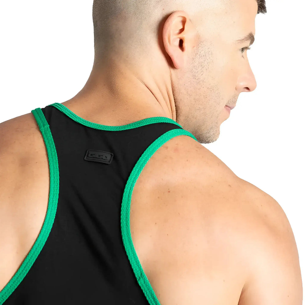 Black tank top with vibrant green ribbed trim and small black logo patch at the back of the neck showing back side