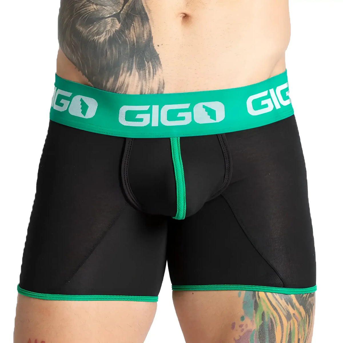 Black gigo boxer briefs with vibrant green waistband and trim featuring white brand logo in gigo misty green trunk style