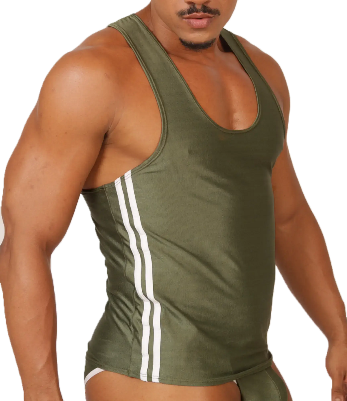 Olive green gigo mix tank top with three white vertical stripes down each side for athletic wear