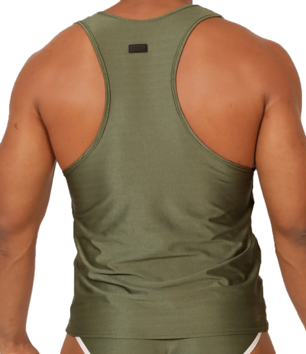 Olive green ribbed racerback tank top gigo mix green tank with small black brand tag on the back