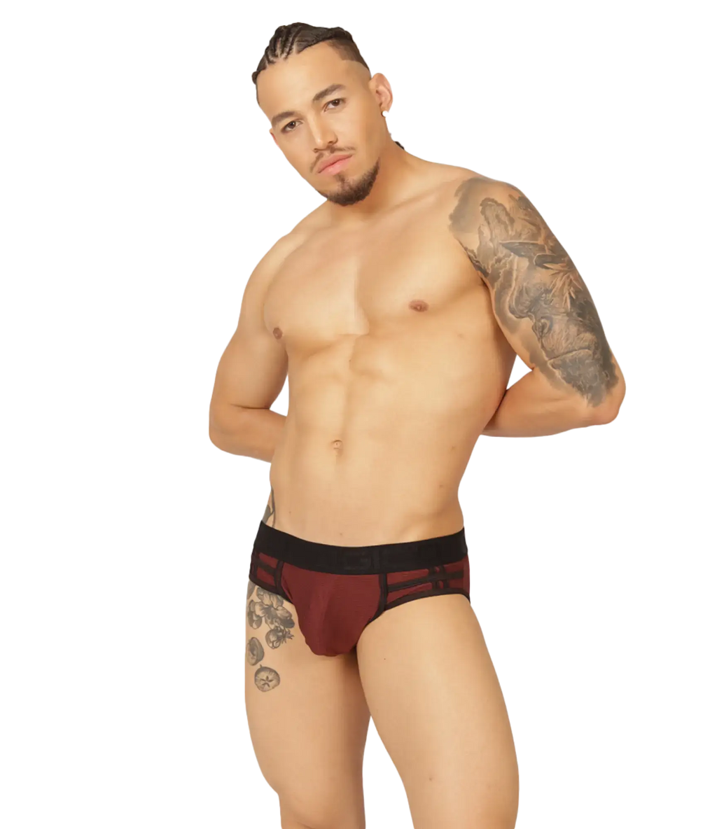 A pair of maroon and black gigo mix wine brief athletic briefs with supportive contoured design