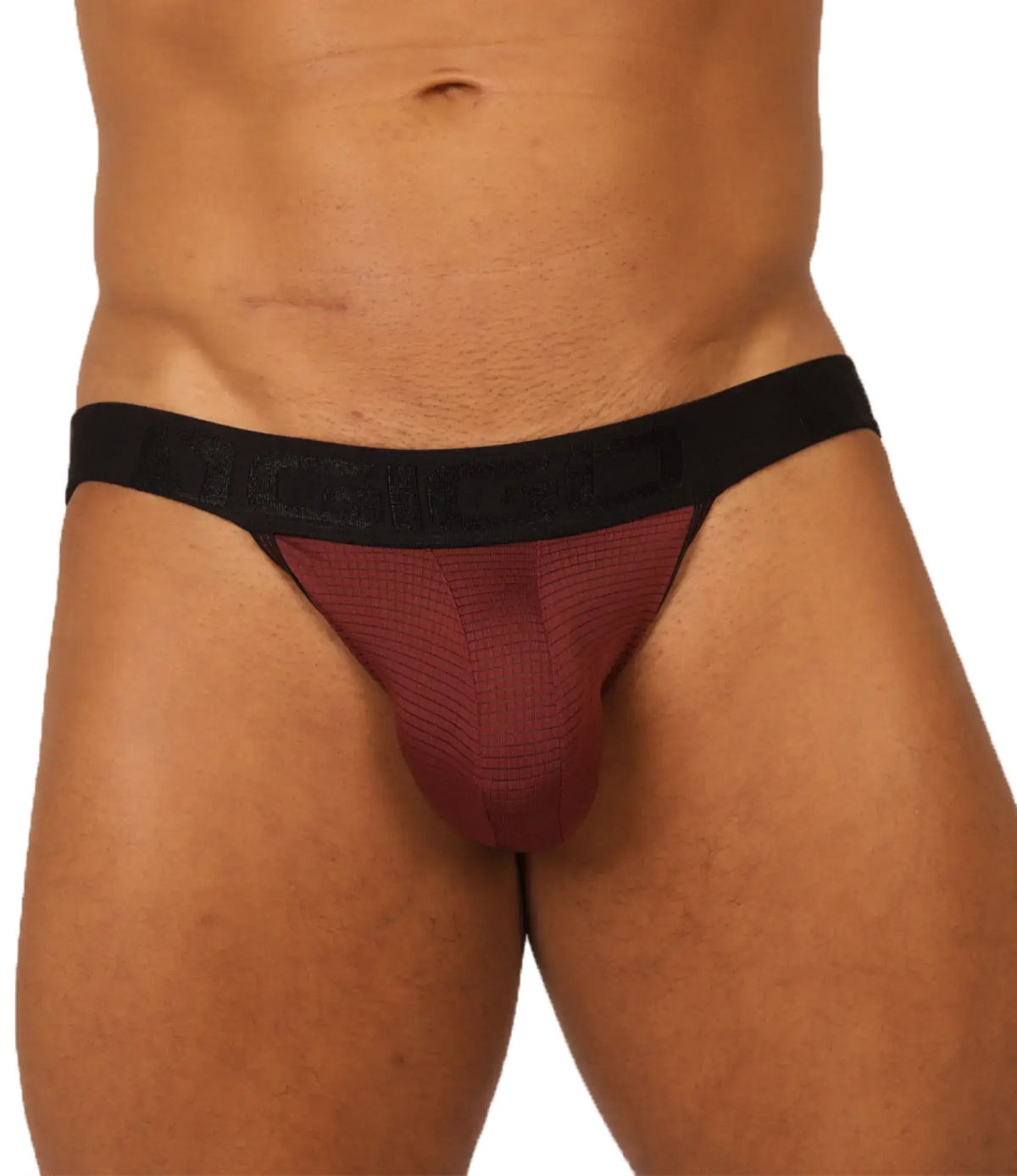 Maroon and black gigo mix wine jockstrap with textured breathable fabric designed for athletic wear
