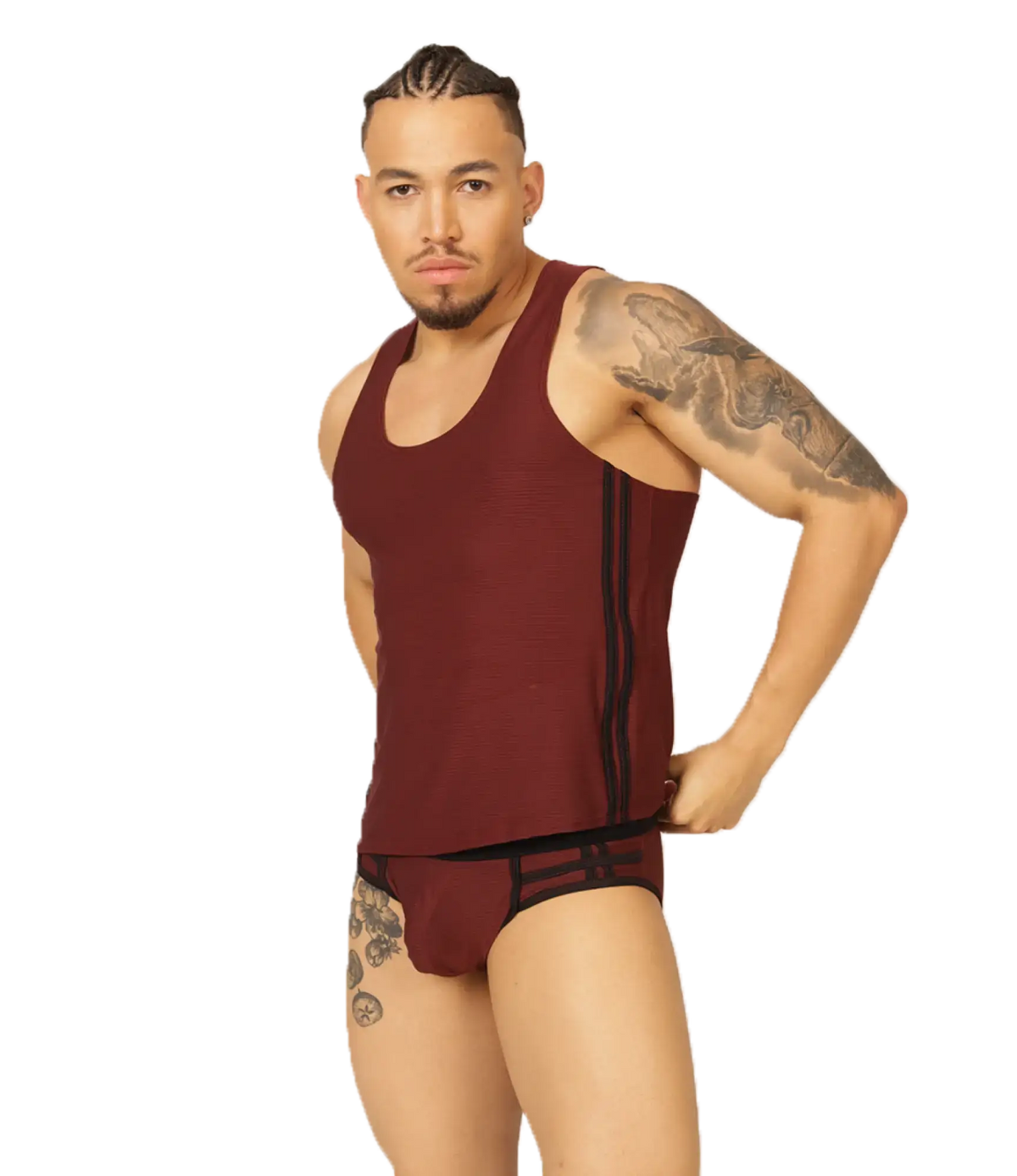 Maroon athletic tank top with black side stripes and matching briefs from Gigo Mix wine tank collection