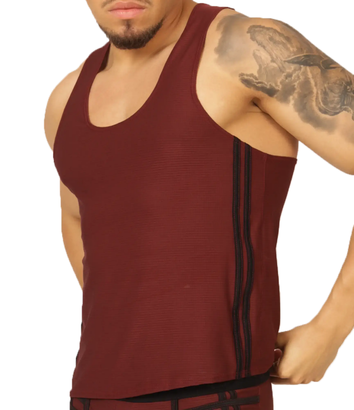 Maroon gigo mix wine tank athletic top with black vertical stripes down the sides for sports and workouts