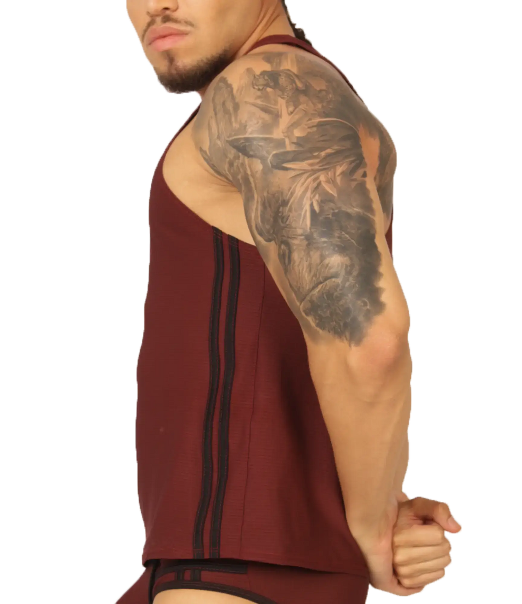 Gigo Mix Wine tank is a maroon cotton tank top with black vertical stripes ideal for casual summer wear